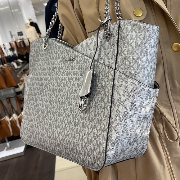 Michael Kors Jet Set Travel Large Chained Tote Shoulder Bag MK Silver - Picture 4 of 16